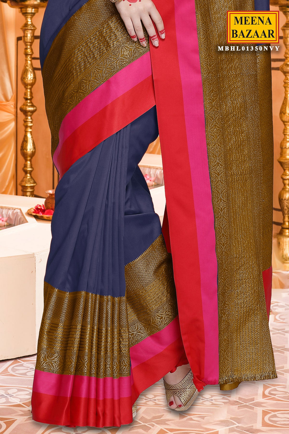 How To Wear A Plain Saree - Buy Pink Sarees, Block Heels Black Sandals with  Gold Clutches Scrapbook Look by Sweet